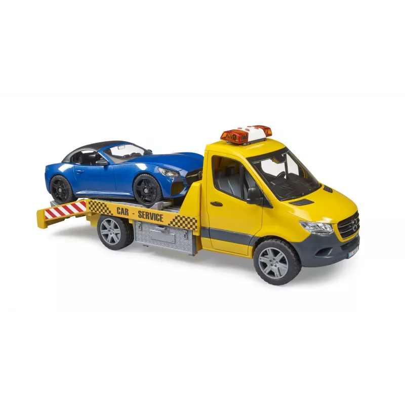 Bruder MB Sprinter autotransporter met licht- en geluidsmodule, oranje/blauw, incl. roadster