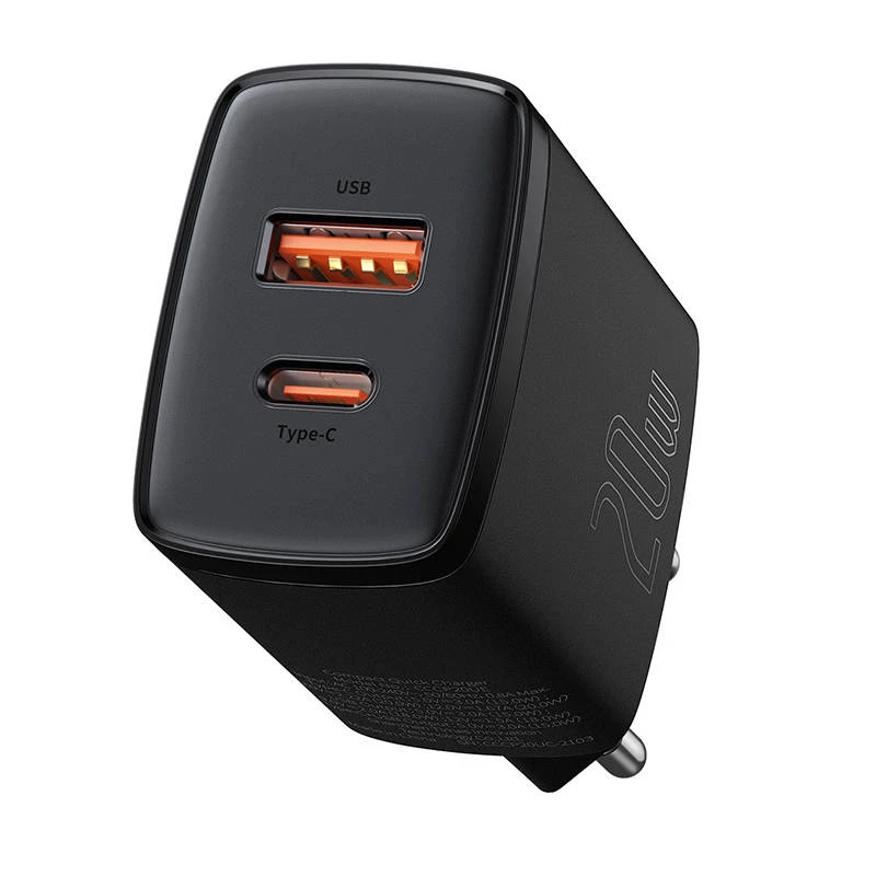 Indoor USB-snellader Baseus CCXJ-B01 – 2 poorten (USB-C PD 20W + USB-A QC3.0 18W), 100–240 V, zwart