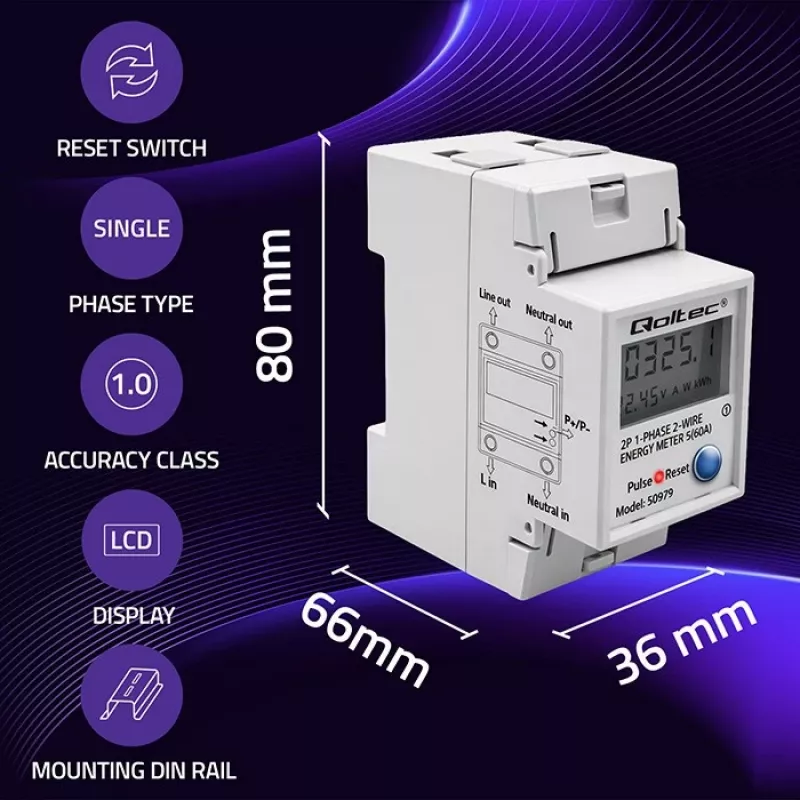Energiemeter QOLTEC eenfasig DIN-rail 230V (MPN 50979)