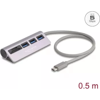 DELOCK USB-hub 3‑poorts 5 Gbit/s met SD- & microSD-kaartlezer en USB‑C-aansluiting