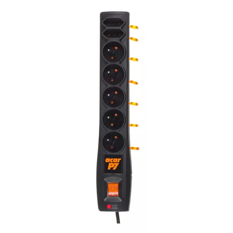Acar P7 stekkerdoos met overspanningsbeveiliging, 7 contacten, 3 m, zwart