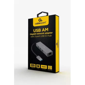 Gembird A-AMU3-LAN-01 USB-A naar Gigabit LAN-adapter met 3-poorts USB 3.0-hub, zwart