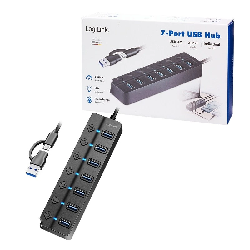 USB 3.2 Gen 1-hub, 7 poorts met aan-/uitschakelaar, zwart