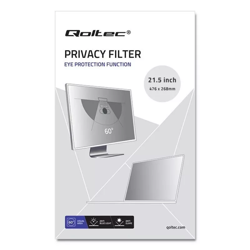 Frameloze beeldscherm-privacyfilter QOLTEC 51055 voor 21,5 inch (16:9) lcd-monitoren, 476,6×268 mm, zwart filter