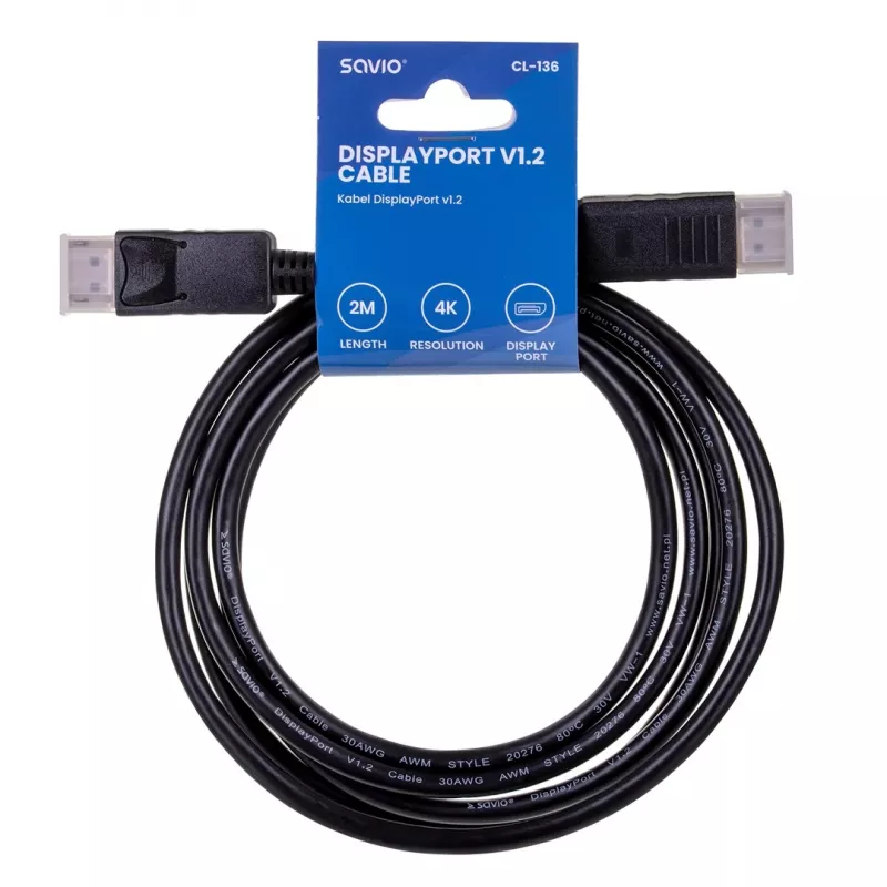 DisplayPort-kabel SAVIO CL-136, DisplayPort stekker–stekker, 2 m, DP 1.2, vergulde contacten, zwart