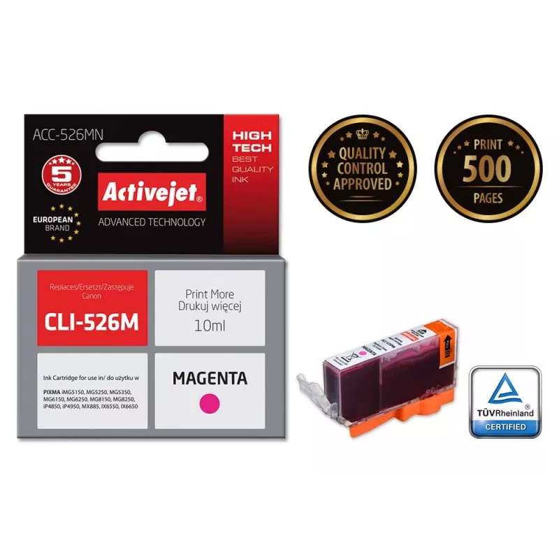ActiveJet ACC-526MN inktpatroon compatibel voor Canon, magenta, kleurstofinkt, 10 ml, hoge (XL) capaciteit, singlepack