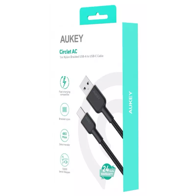 USB-A-naar-USB-C-kabel Aukey CB-NAC1, 1 m, gevlochten nylon, USB PD 60 W, USB 2.0