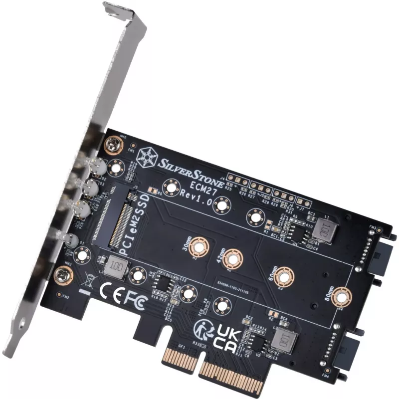 Silverstone SST-ECM27 M.2/SATA-adapterkaart, PCIe 4.0, 1x M-Key, 2x SATA 6G - Low Profile