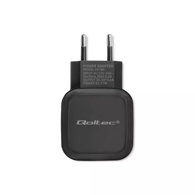 AC indoor oplader QOLTEC 50186 voor smartphone en tablet, 5 V 3.4 A, 17 W, 2× USB, zwart