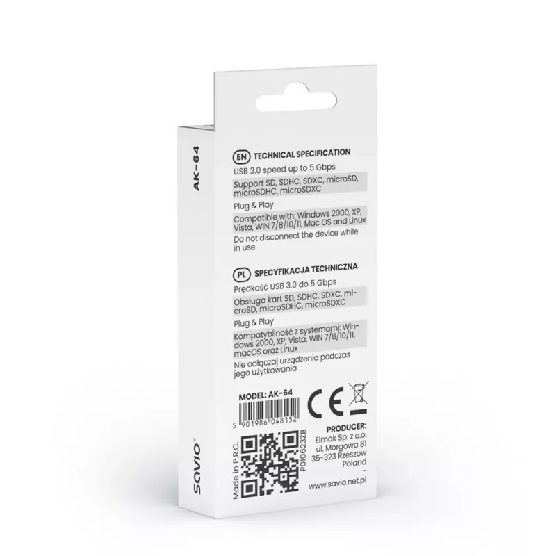 Kaartlezer SAVIO AK-64 USB 3.2 Gen 1 Type-A-uitgang, MicroSD-slot, 5000 Mbit/s, zwart