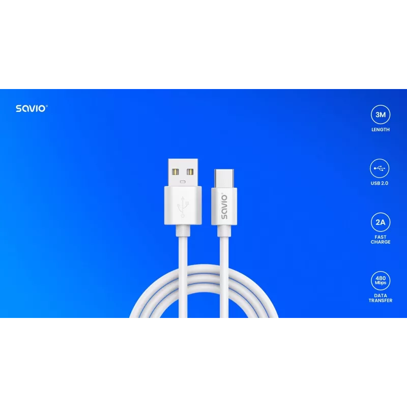 USB 2.0-kabel SAVIO CL-168, USB A (stekker) naar USB C (stekker), 3 m, wit