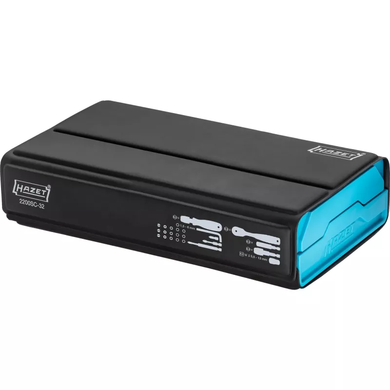 Dopsleutel- en bitset Hazet 2200SC-32 — 59-delig, 1/4 inch omschakelratel, zwart/blauw