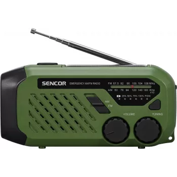 Draagbare UKW/MW-radio SENCOR SRD1000SCLGR met Bluetooth, solar-/slinger-/USB-C-laden, 2000mAh-accu, IPX4, LED-lampen