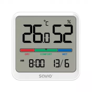 Binnenruimte temperatuur- en vochtigheidssensor SAVIO CT-01/W, LCD-display, -10–55 °C, 10–99 % rV, batterij CR2032