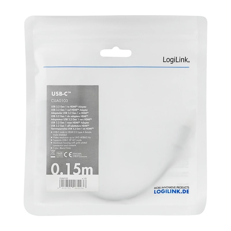 LogiLink CUA0103 USB 3.2 Gen1 Type-C naar HDMI-A kabel 0,15 m zwart grijs