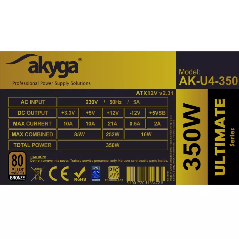 Akyga AK-U4-350 Ultimate 350 W ATX-voeding, 80 PLUS Bronze, actieve PFC, 120-mm-ventilator