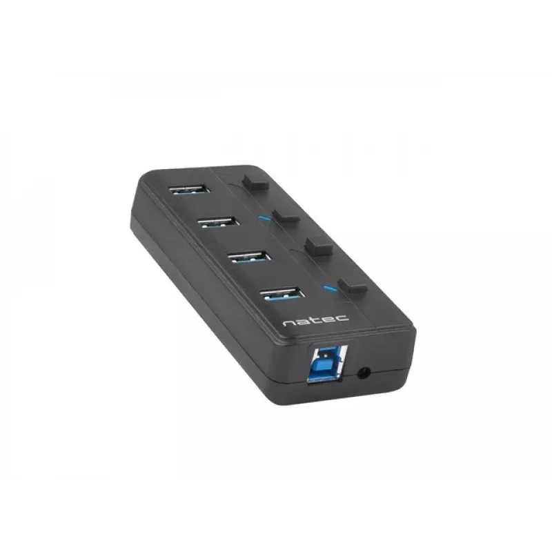 Natec Mantis 2 NHU-1557 usb 3.0-hub met 4 poorten, USB Type-B-ingang, aan/uit-schakelaars, netadapter, zwart