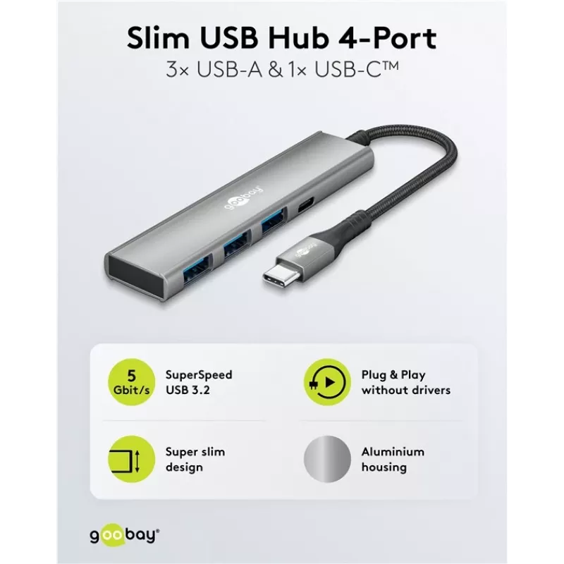Goobay Slim 4-poorts USB-hub USB-C naar/USB-A 5 Gbit/s - -Plug> 1x (76562)