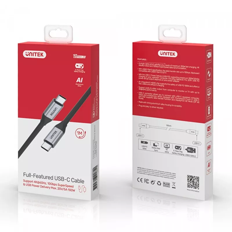 USB-C-naar-USB-C data- en oplaadkabel Unitek C14082ABK 1 m, USB 3.2 Gen 2 (10 Gbit/s), 100 W PD, zwart
