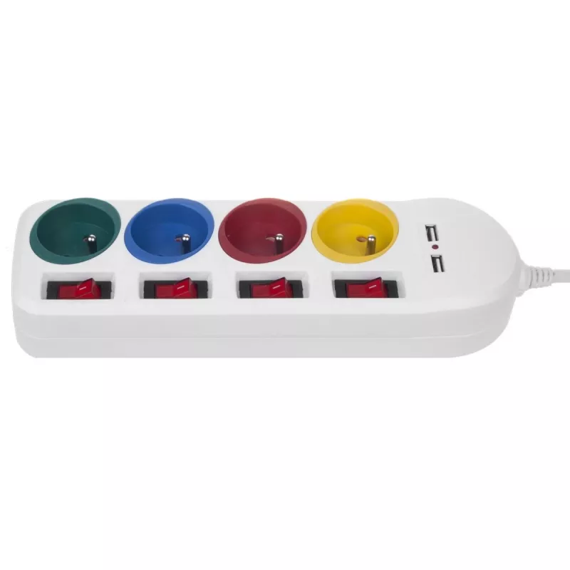Stekkerdoos MACLEAN MCE229W — 4 stopcontacten, 2× USB, 1,5 m kabel, type F, 10 A, wit