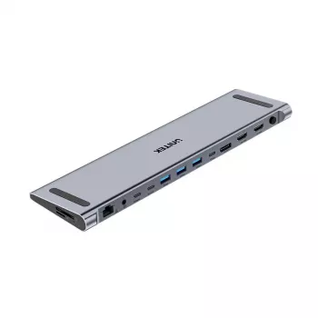 KVM-switch Unitek D1106AGY01 USB-C triple 4K dockingstation met KVM, 3x USB-A, 5x USB-C, HDMI×2, DP×1, RJ-45, SD-lezer, 3840×2160@60Hz, aluminium