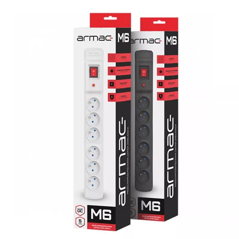 Armac Multi M6 | stekkerdoos | overspanningsbeveiliging, 6 stopcontacten, 5 m kabel, zwart