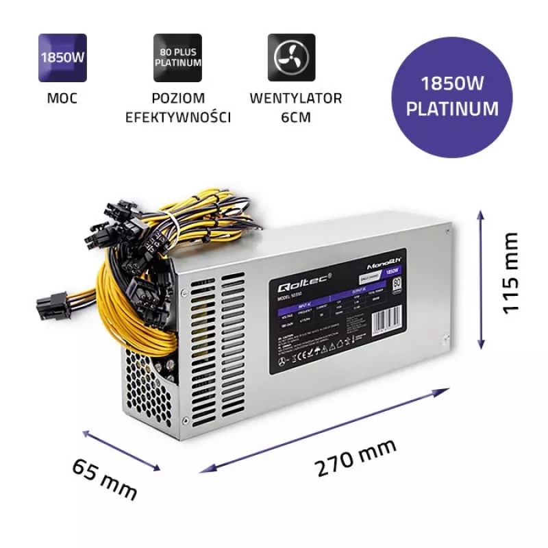 Qoltec 50350 voeding 1850W PCI-E | 80 Plus Platinum | Gaming Miner