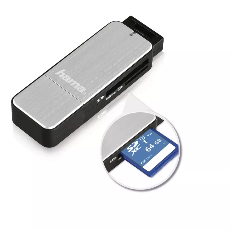 Hama 123900 USB 3.0-kaartlezer SD/microSD, aluminium, zwart/zilver