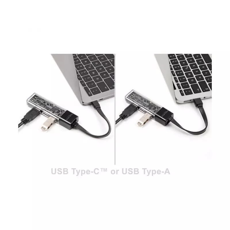 DELOCK USB 3.2 Gen 1 (3.1 Gen 1) 4-poorts hub met Type-A + Type-C host (5000 Mbit/s) zwart/transparant