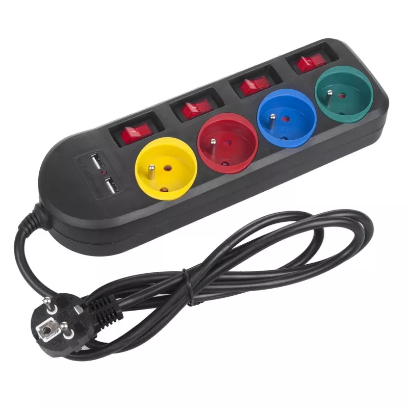 Stekkerdoos MACLEAN MCE229B — 4 AC-stopcontacten, 2× USB-A, 1,5 m kabel, 10 A, type F, binnen, zwart