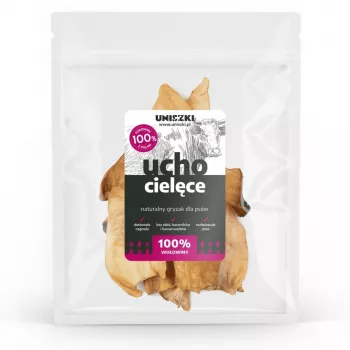 Hondenlekkernijen UNISZKI kalfsoor — enkelvoudig kauwartikel van kalfsvlees, 10 stuks, tandverzorging, gluten- en suikervrij