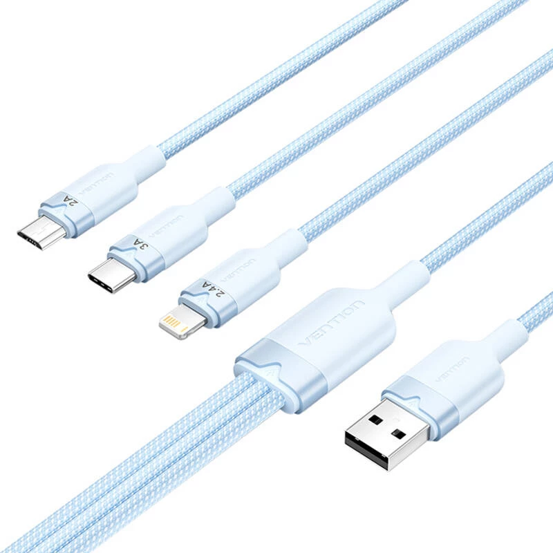 USB 2.0 A naar 3-in-1 3A kabel Vention CTPLG 1,5 m blauw – data en laden