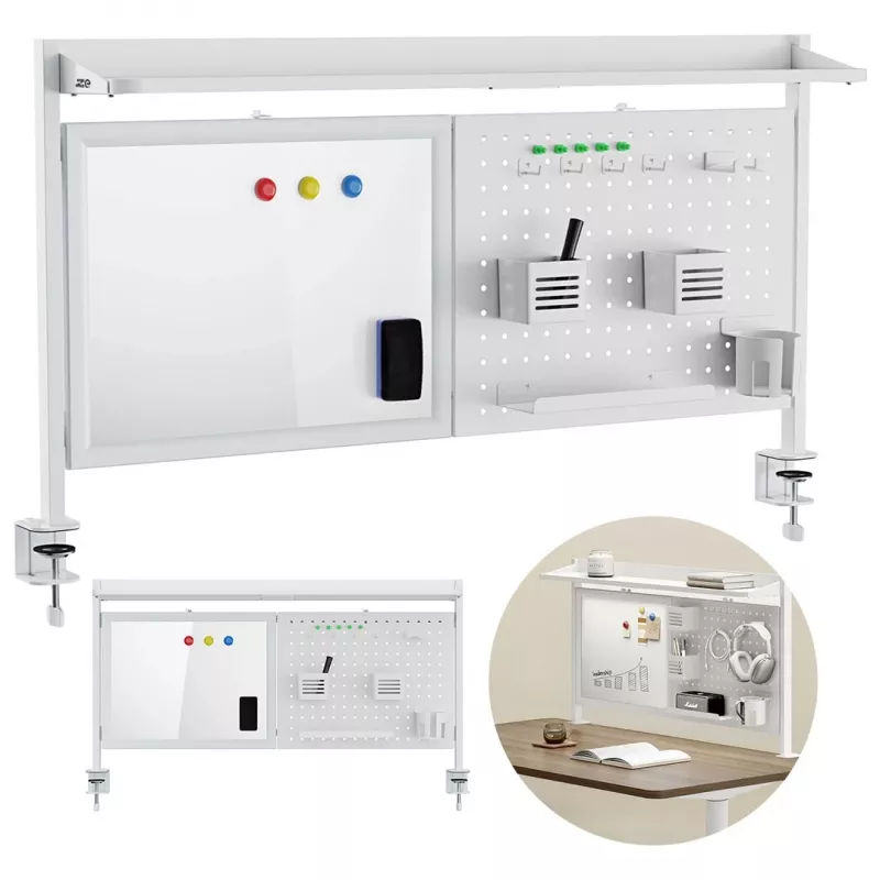 Bureaubladscheiding ergo office ER-301 W – 1116 mm brede stalen privacywand met magneetbord, wit, max. belasting 10 kg