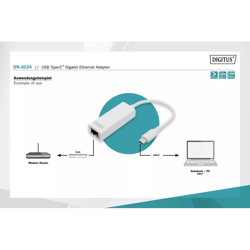 Digitus DN-3024 USB 3.0-adapter 20 cm 1x USB-C naar 1x RJ45 afgeschermd