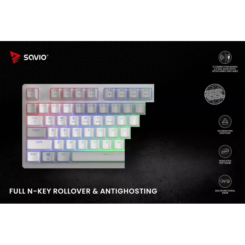SAVIO PHENIX WHITE draadloos mechanisch toetsenbord, Gateron Red Pro, ABS