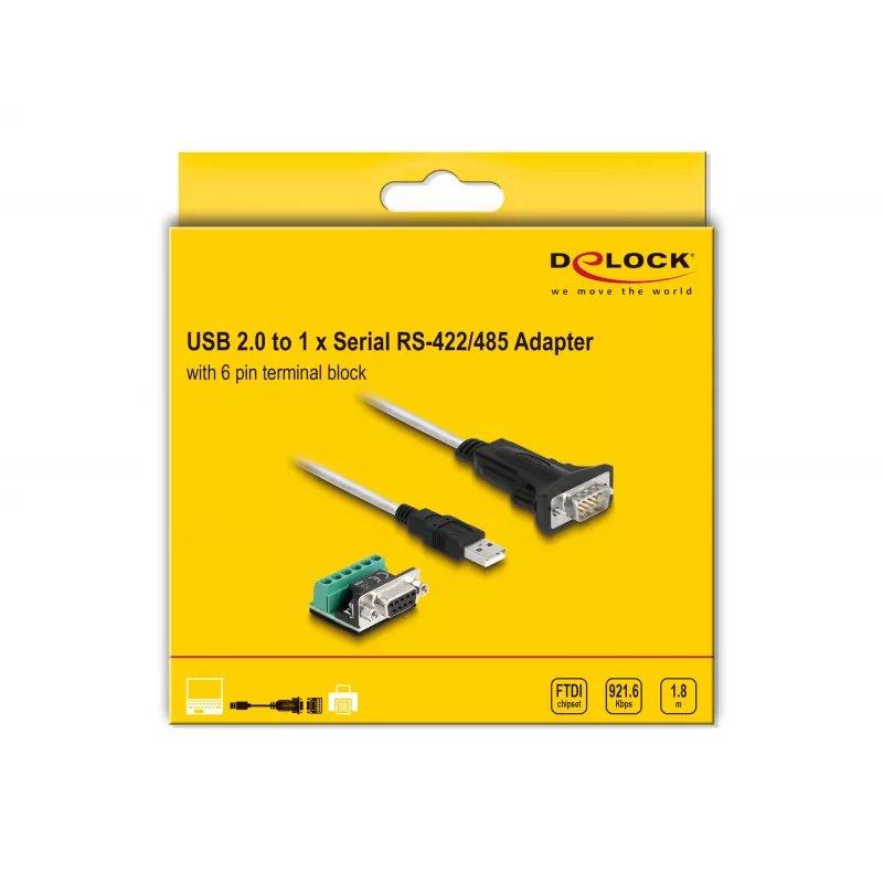 DeLOCK 63465 USB 2.0 Type-A naar serieel RS-422/485 adapter, 6-pins klemmenblok, 1,8 m, zwart/transparant