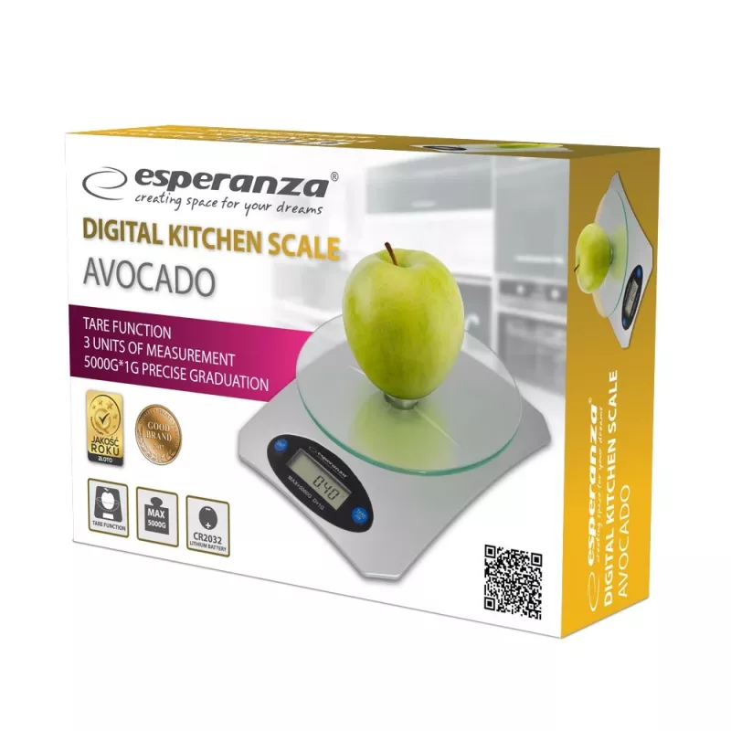 Elektronische keukenweegschaal ESPERANZA Avocado grijs — 5 kg capaciteit, bamboeplatform, eenheden g/lb/oz