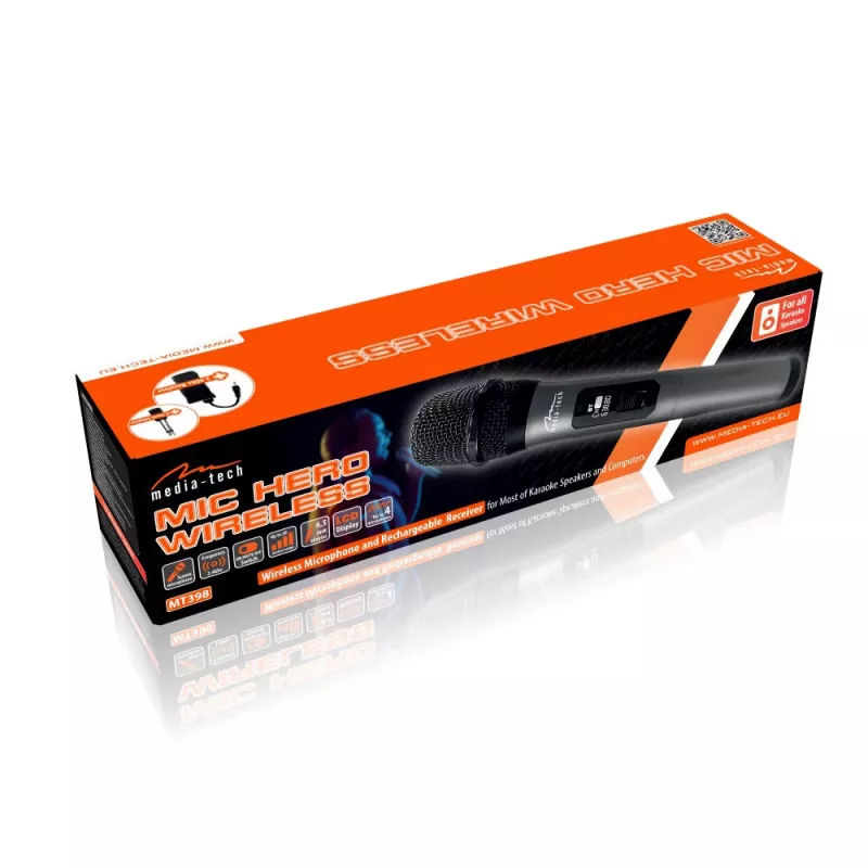 Karaokemicrofoon MEDIA-TECH MT398 draadloos, USB-C, op batterijen, 20 m bereik, zwart