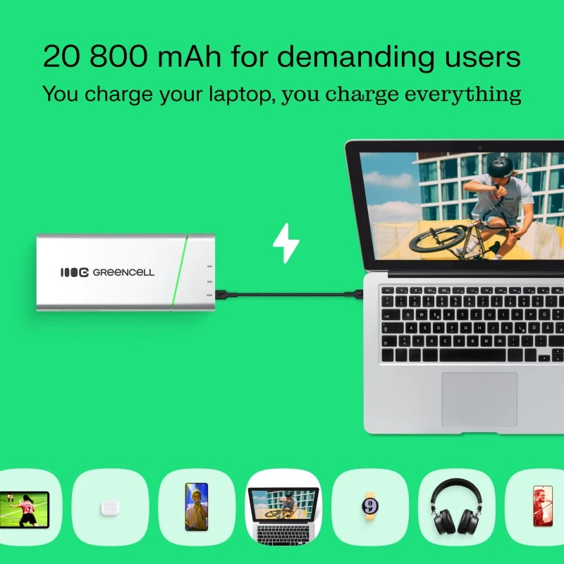Draagbare accu Green Cell BPLGC20P 20800 mAh lithium-ion, USB-C PD 65W, 2x USB-C + 1x USB-A, aluminium behuizing