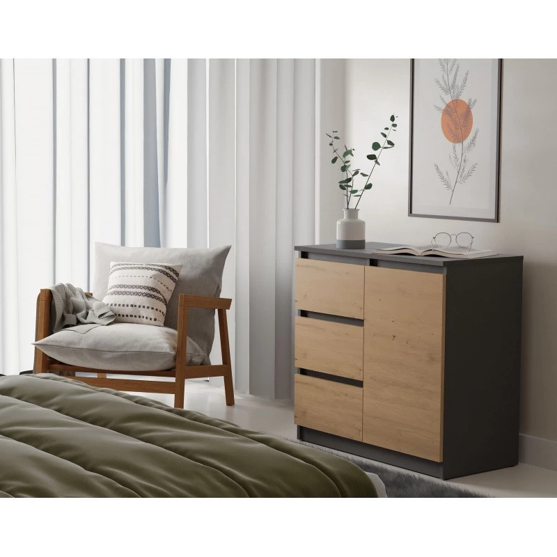 Commode Top e shop Topeshop 1D3S 80×40×75 cm, antraciet eiken artisan mat