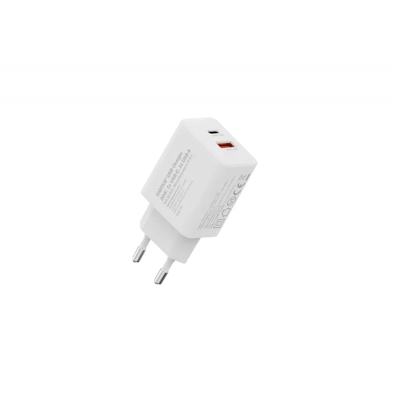 AC USB-oplader DIGITUS 20W, 1x USB-C, 1x USB-A, ingang 100–240V, wit
