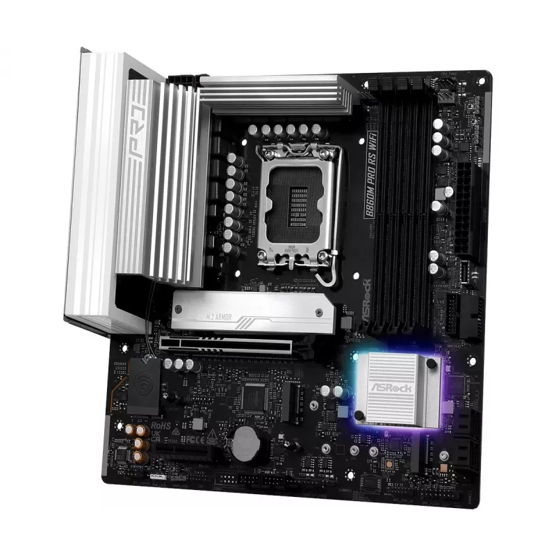Moederbord ASRock B860M Pro RS WiFi — Intel B860, LGA 1851, micro ATX, DDR5, 4 DIMM, 3x M.2, 2.5Gb LAN, Wi‑Fi, Bluetooth