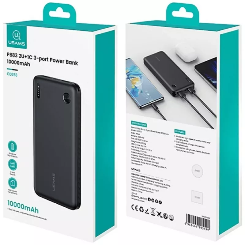 Powerbank usams PB83 10000mAh PD 2×USB-A USB-C wit
