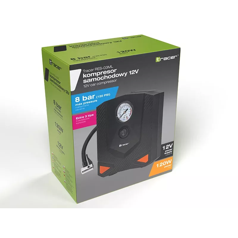 Draagbare luchtpomp TRACER RES-03ML 12V 150 PSI — autobandenvuller, 12 V stroomvoorziening