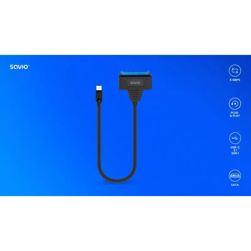 SAVIO SATA-naar-USB-C-interfacekabel AK-69, SATA-bus naar USB-C-stekker, USB 3.2 Gen 1 (5 Gbit/s), 0,25 m, zwart
