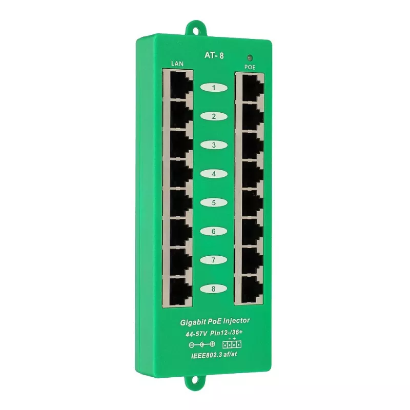 Extralink Gigabit PoE-injector 8-poorts actief, 8 poorten Gigabit 802.3at/af, Mode A
