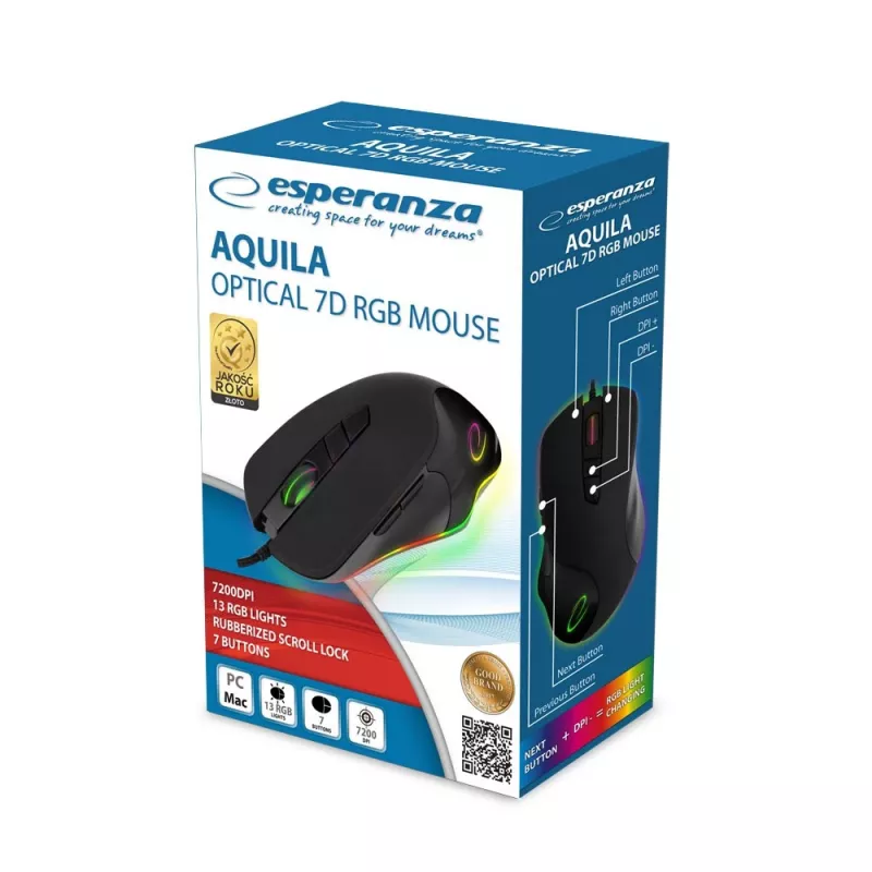 Esperanza EM132 Aquila bedrade optische gamingmuis, 7200 DPI, 7 knoppen, RGB, rechtshandig, USB