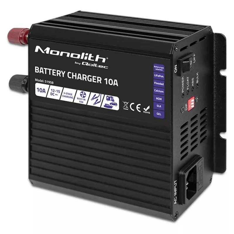 Qoltec Smart Monolith acculader voor LiFePO4 AGM GEL SLA-accu's | 10A | 12V