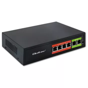 Ethernet PoE-switch QOLTEC 52289 — 4x RJ45 PoE-poorten, 2x RJ45 uplink, 65W PoE-budget