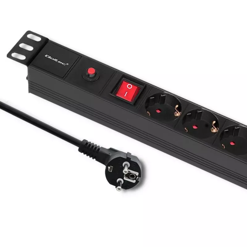 Qoltec 53993 19-inch 1U rack-PDU met overspanningsbeveiliging, 6x Schuko, 16 A, 2 m, zwart